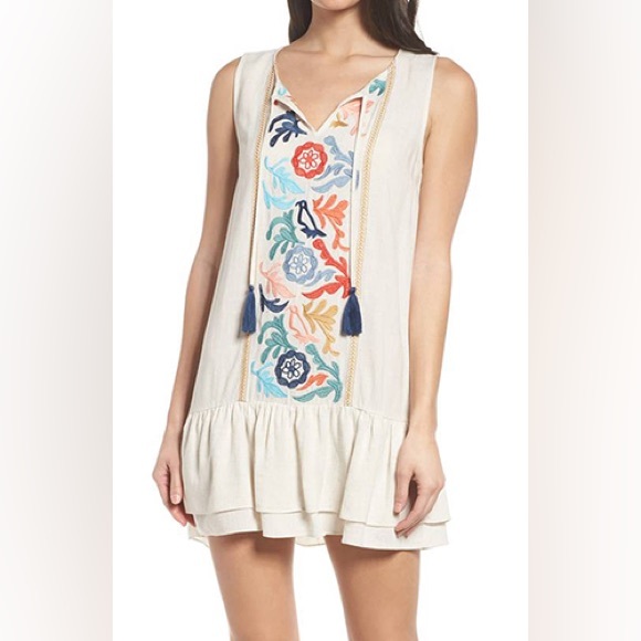 THML Taupe Embroidered Sleeveless Dress with Flutter Hem and Tassel Tie - Picture 2 of 6